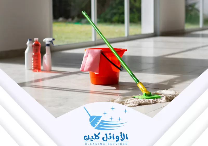 أدوات ومواد تنظيف جاهزة. يتم استخدام الممسحة والمطهرات لتنظيف ومسح أرضيات الرخام والسيراميك.